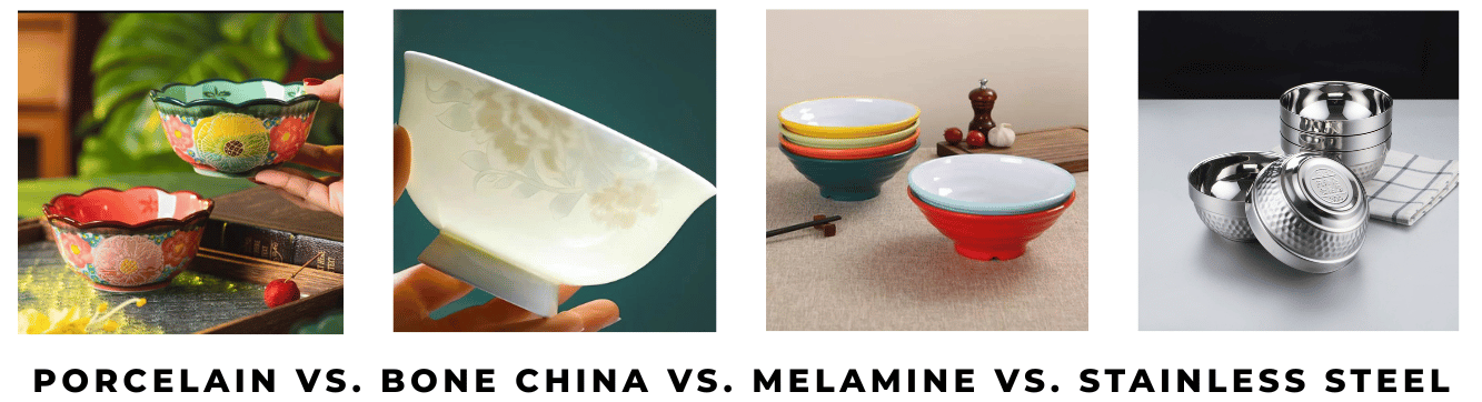 Porcelain vs. Bone China vs. Melamine vs. Stainless Steel Porcelain vs. Bone China vs. Melamine vs. Stainless Steel