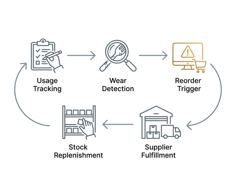 Circular process diagram illustrating high wear utensil reorder logic for commercial kitchens, from usage tracking to stock replenishment Circular process diagram illustrating high wear utensil reorder logic for commercial kitchens, from usage tracking to stock replenishment