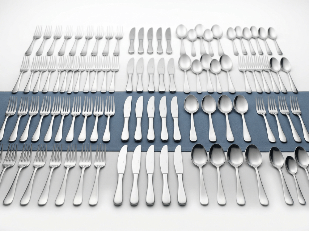 Commercial stainless steel flatware sets organized by type, ready for restaurant and hotel bulk ordering. Commercial stainless steel flatware sets organized by type, ready for restaurant and hotel bulk ordering.