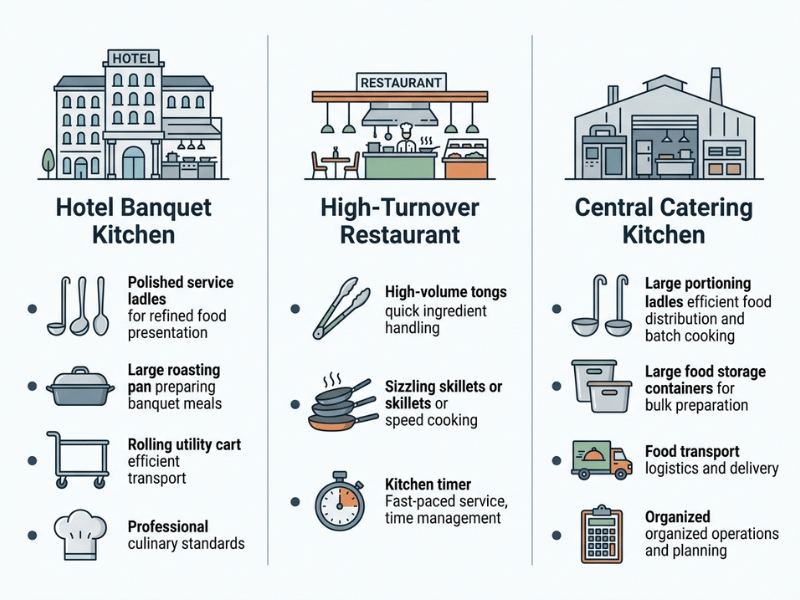 Comparison infographic showing utensil priorities across hotel banquet, high turnover restaurant, and central catering kitchen operations Comparison infographic showing utensil priorities across hotel banquet, high turnover restaurant, and central catering kitchen operations