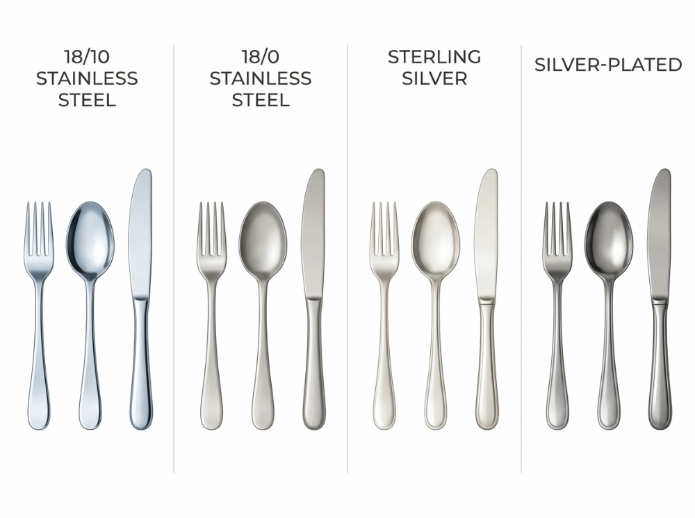 Comparison of 1810, 180, sterling silver, and silver plated flatware types Comparison of 1810, 180, sterling silver, and silver plated flatware types