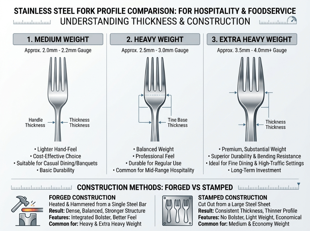 Comparison of medium, heavy, and extra heavy flatware with forged versus stamped construction Comparison of medium, heavy, and extra heavy flatware with forged versus stamped construction