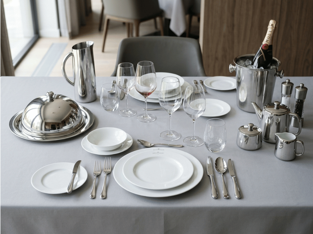 Coordinated tabletop equipment including dinnerware flatware glassware and holloware Coordinated tabletop equipment including dinnerware flatware glassware and holloware