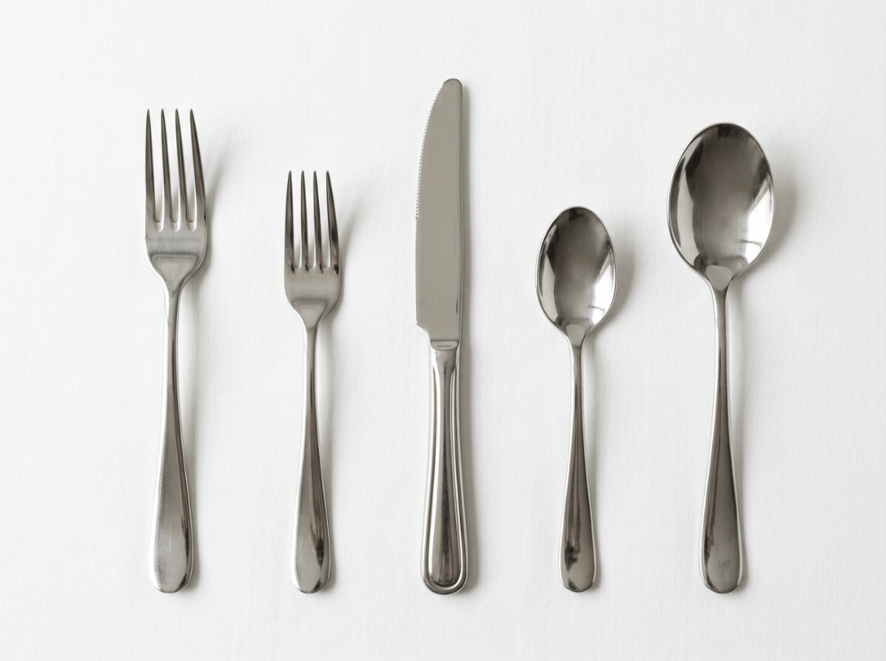 Five essential flatware pieces including dinner fork salad fork dinner knife teaspoon and soup spoon Five essential flatware pieces including dinner fork salad fork dinner knife teaspoon and soup spoon