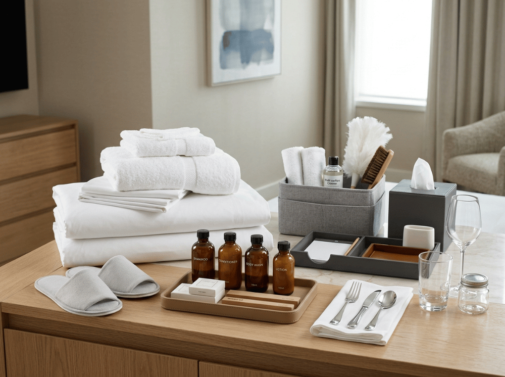 Hotel OS&E items including linens, towels, amenities, glassware, and housekeeping supplies arranged in a professional hospitality setting
