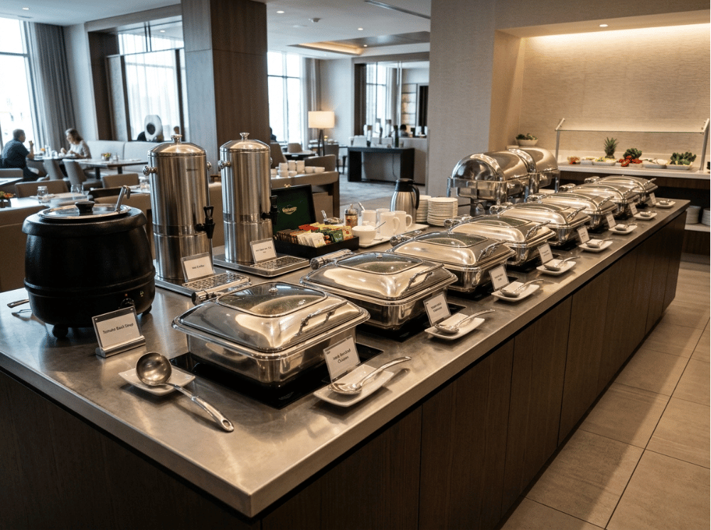 Hotel buffet equipment including chafing dishes soup kettle beverage dispensers and serving utensils Hotel buffet equipment including chafing dishes soup kettle beverage dispensers and serving utensils