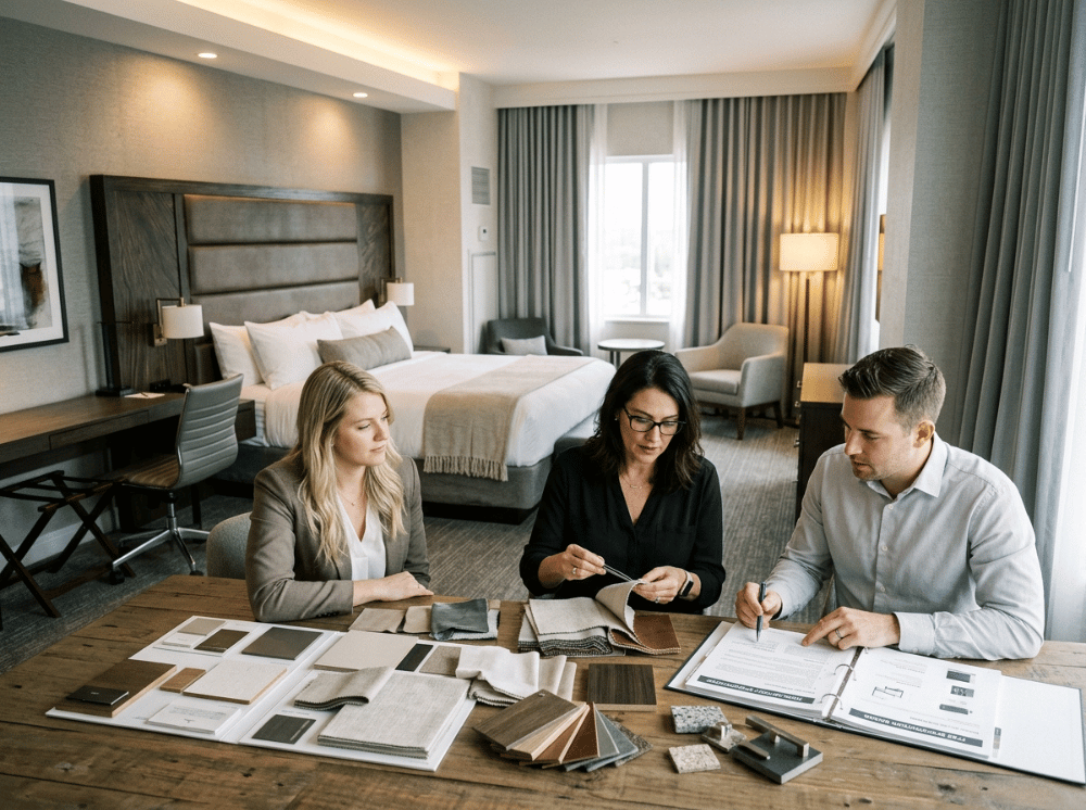 Hotel project team reviewing FF&E materials and furniture specifications in a mock up guest room Hotel project team reviewing FF&E materials and furniture specifications in a mock up guest room