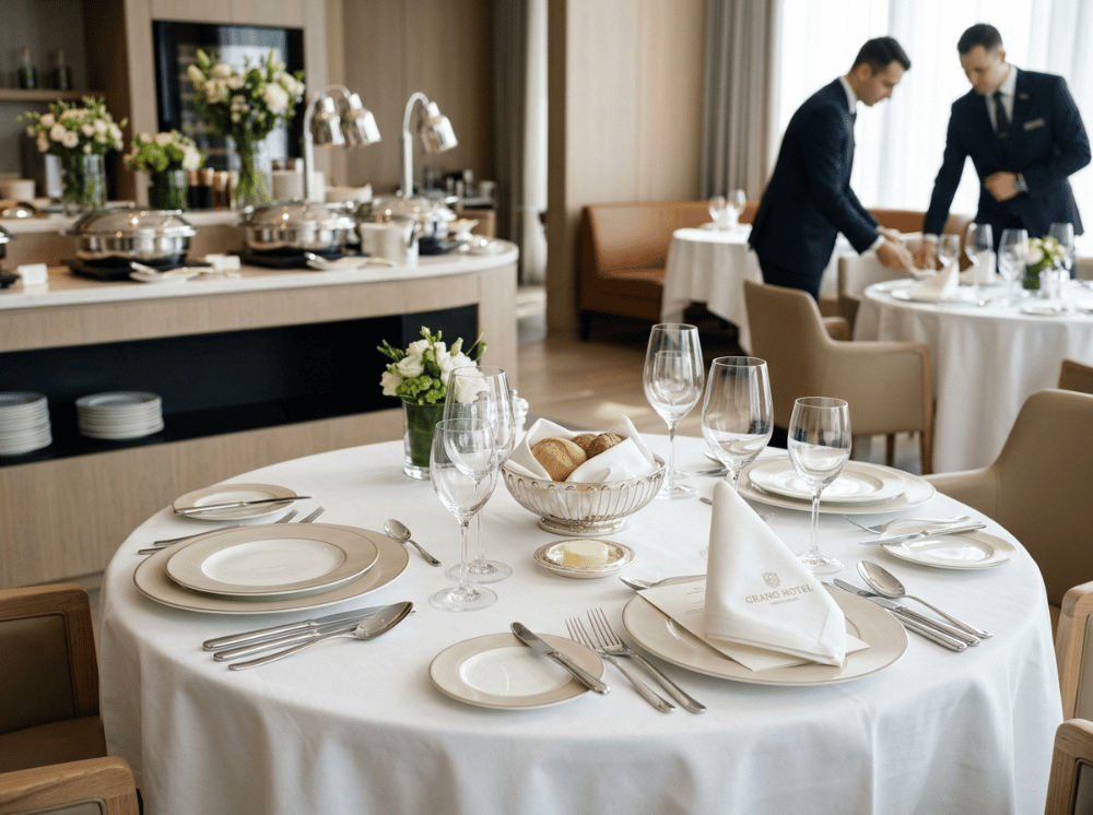 Hotel restaurant dining setup with coordinated food and beverage service equipment