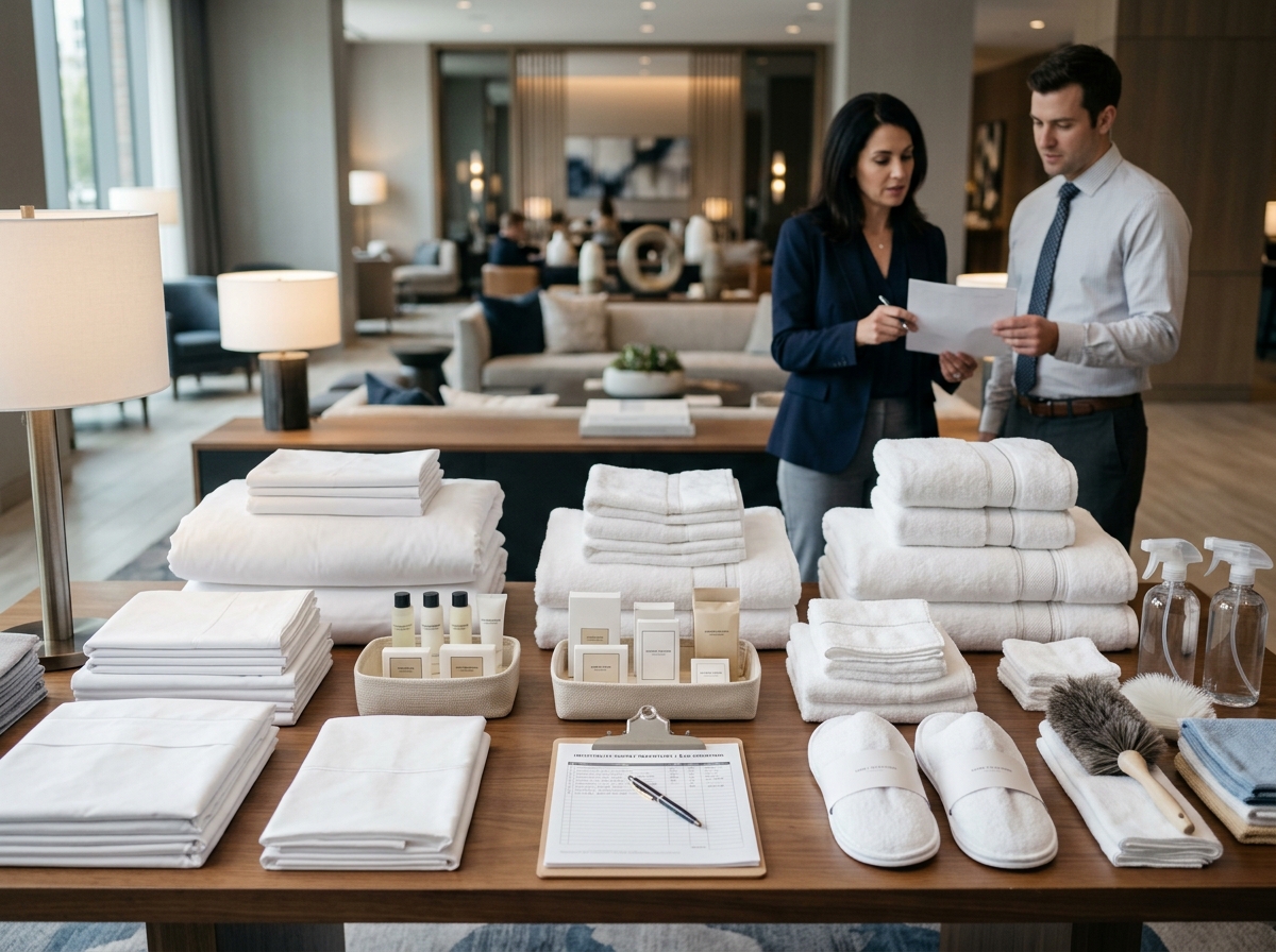 Hotel supplies procurement scene in the United States with linens, amenities and hospitality essentials