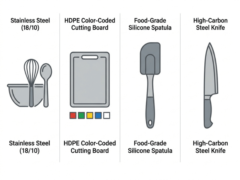 Infographic comparing four commercial kitchen utensil materials stainless steel, HDPE cutting board, silicone, and high carbon steel Infographic comparing four commercial kitchen utensil materials stainless steel, HDPE cutting board, silicone, and high carbon steel
