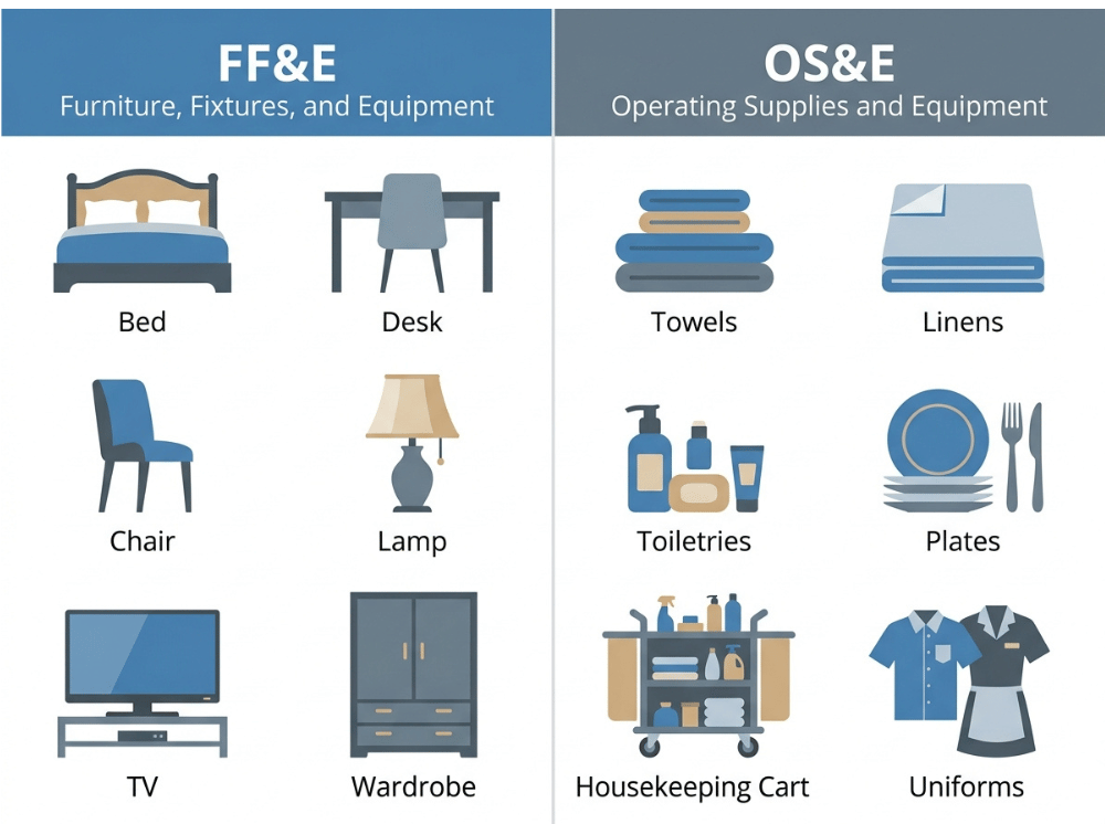 Infographic comparing hotel FF&E and OS&E with examples of furniture, fixtures, equipment, and operating supplies Infographic comparing hotel FF&E and OS&E with examples of furniture, fixtures, equipment, and operating supplies