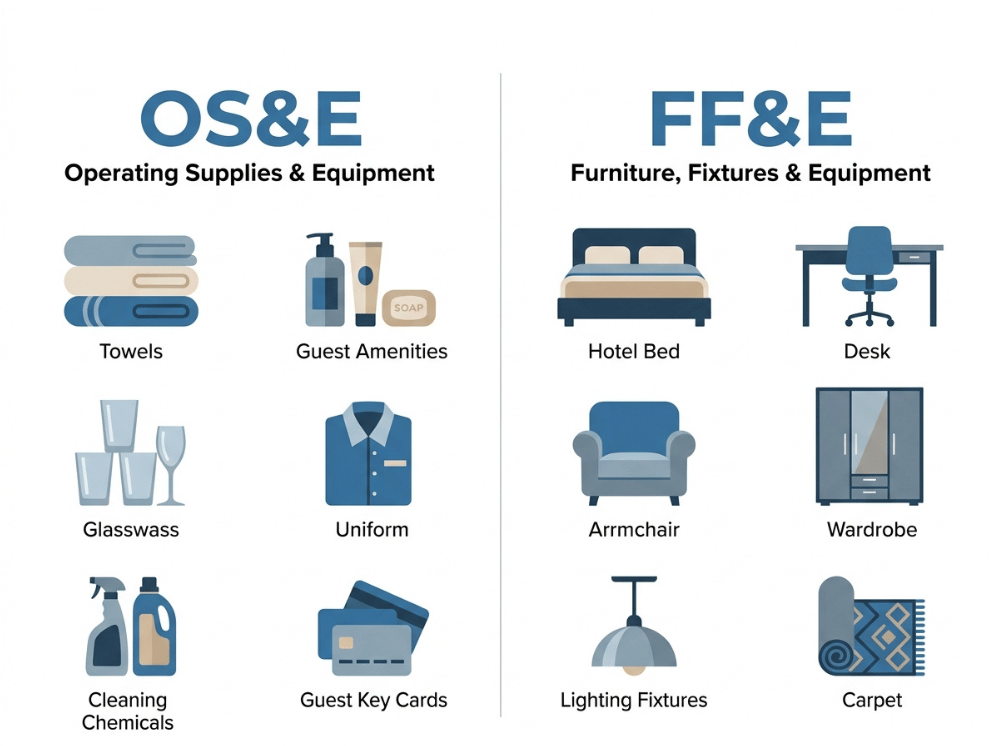 Infographic comparing hotel OS&E and FF&E with examples of operating supplies and capital furnishings Infographic comparing hotel OS&E and FF&E with examples of operating supplies and capital furnishings