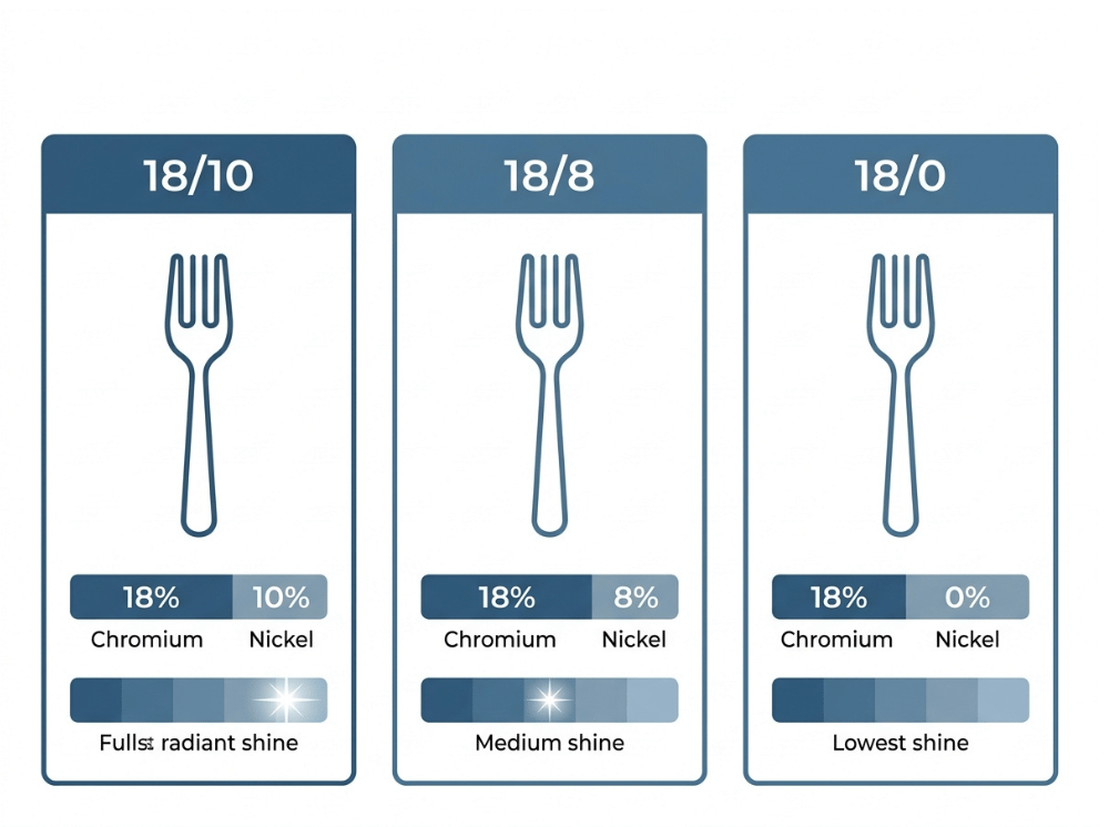 Infographic explaining 1810, 188, and 180 stainless steel flatware grades by chromium, nickel content, and shine. Infographic explaining 1810, 188, and 180 stainless steel flatware grades by chromium, nickel content, and shine.