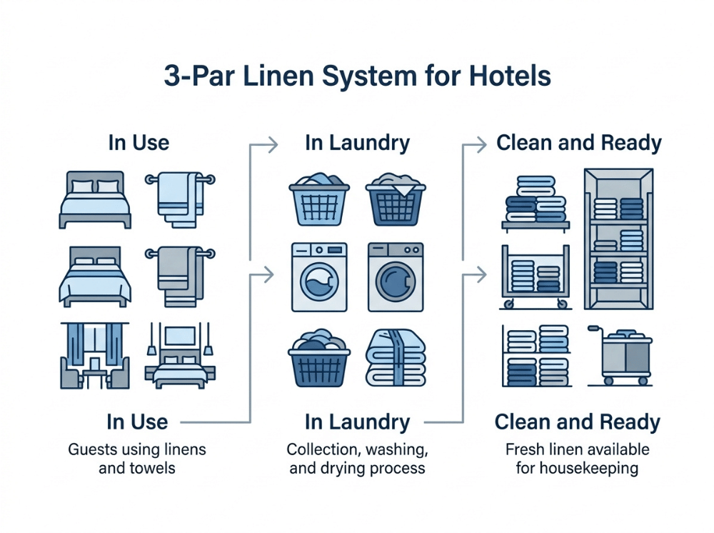 Infographic explaining the 3 par linen system used in hotel OS&E inventory management Infographic explaining the 3 par linen system used in hotel OS&E inventory management