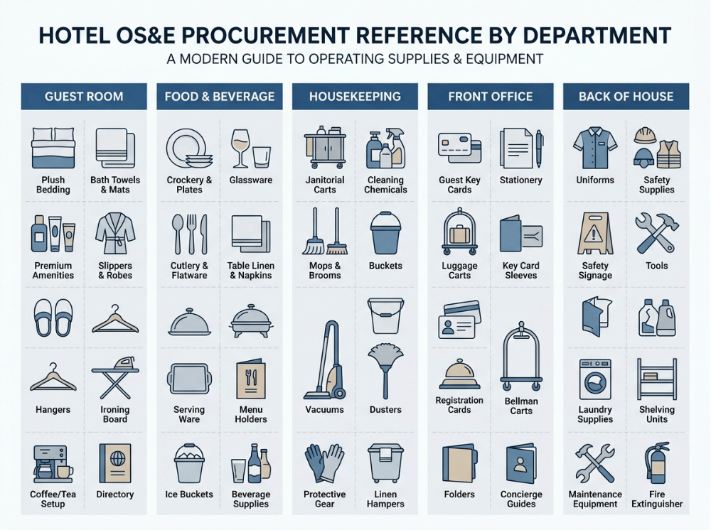 Infographic showing hotel OS&E categories by department including guest room, food and beverage, housekeeping, front office, and back of house Infographic showing hotel OS&E categories by department including guest room, food and beverage, housekeeping, front office, and back of house