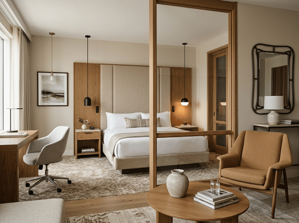 Modern hotel guest room showing typical FF&E items including bed, desk chair, lighting, lounge seating, and casegoods