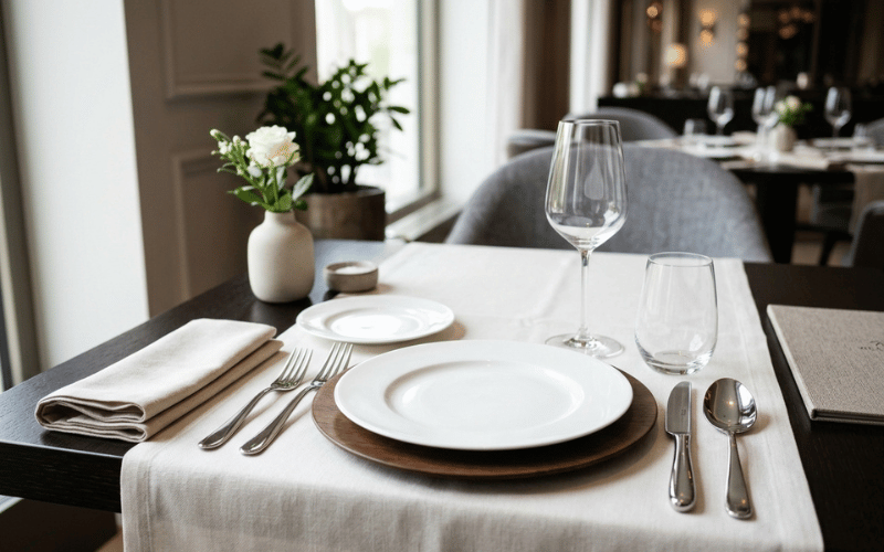 Premium stainless steel flatware set on a hotel restaurant table setting