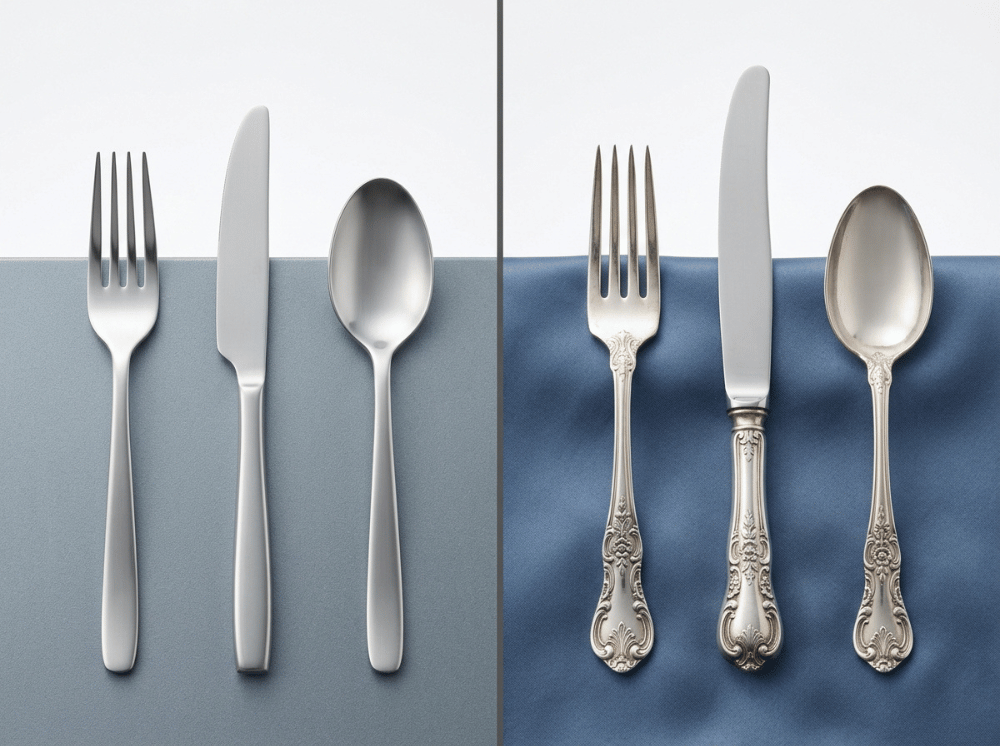 Side by side comparison of stainless steel flatware and sterling silverware showing the difference in material and design.