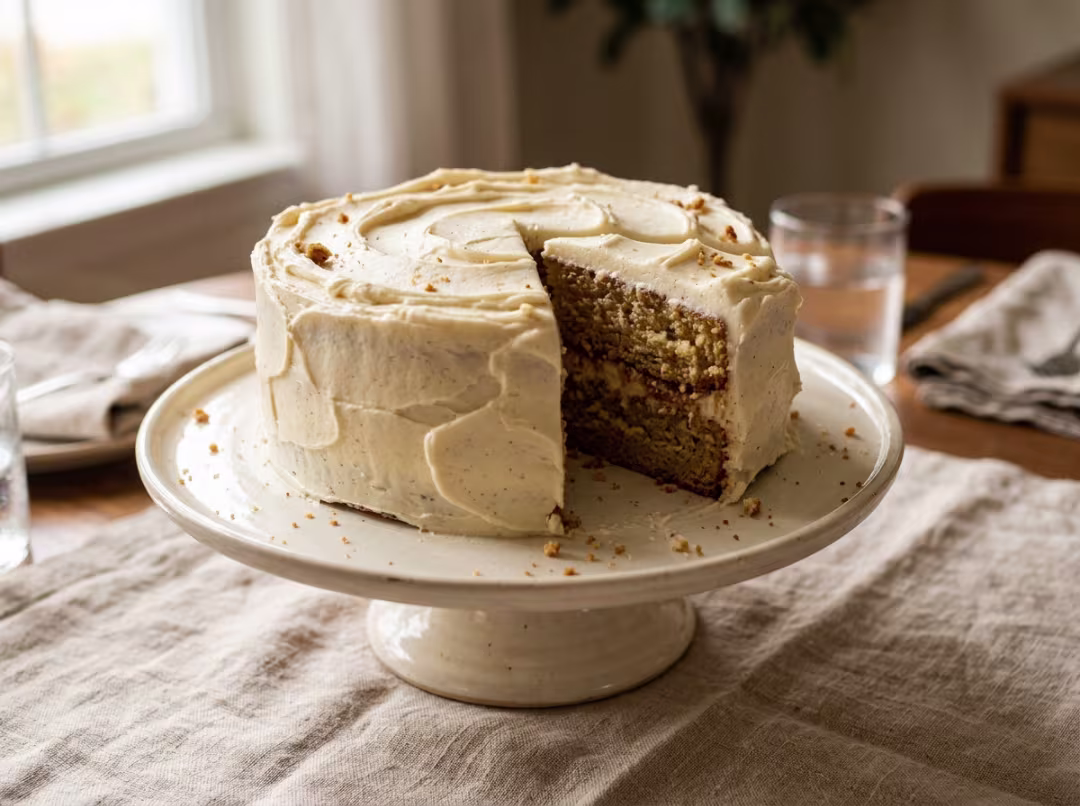 Cake stand displaying frosted layer cake Cake stand displaying frosted layer cake