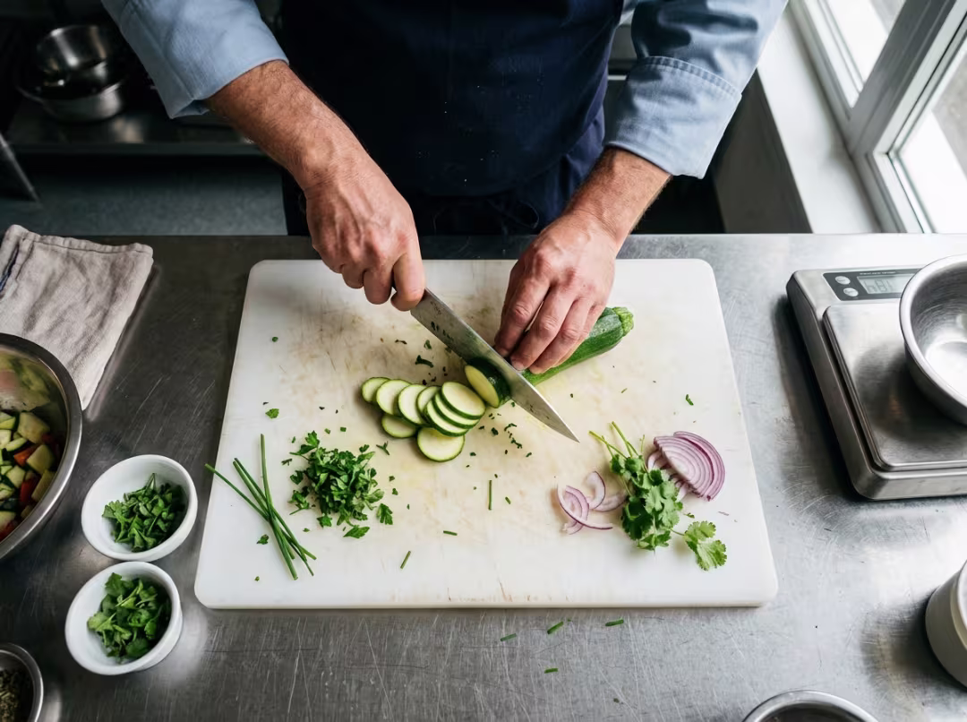 Chef prepping vegetables on steel table Chef prepping vegetables on steel table