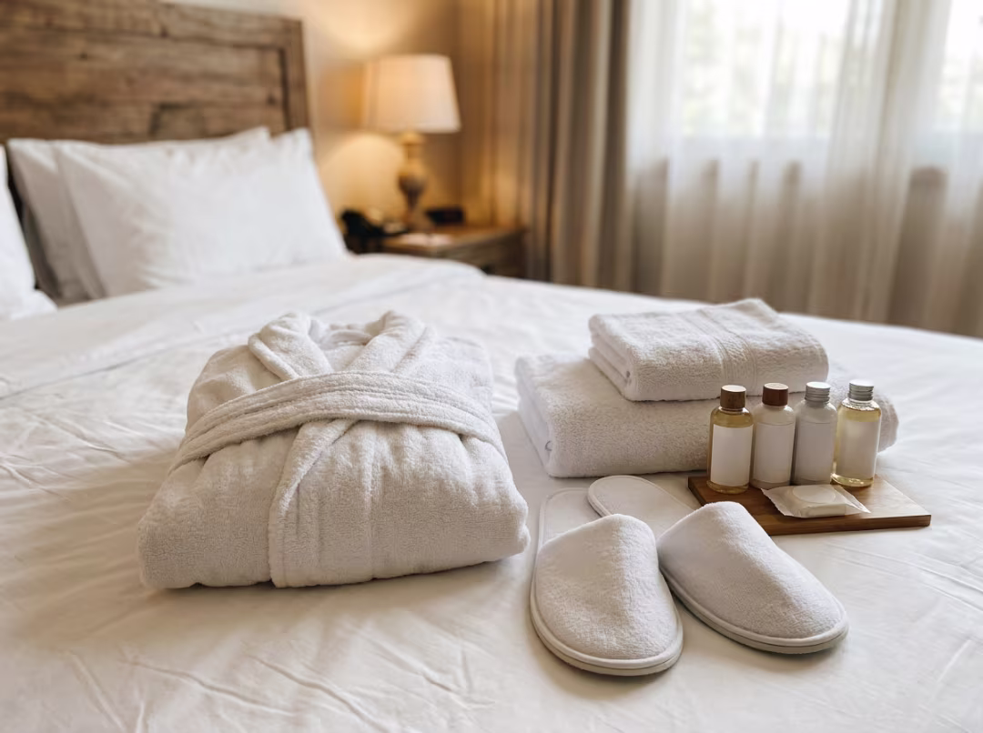 Folded towels and toiletries on hotel bed Folded towels and toiletries on hotel bed