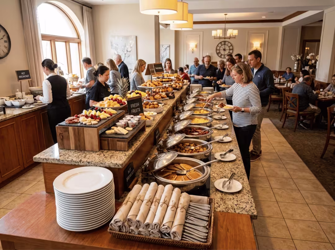 Hotel buffet line with plates and utensils Hotel buffet line with plates and utensils