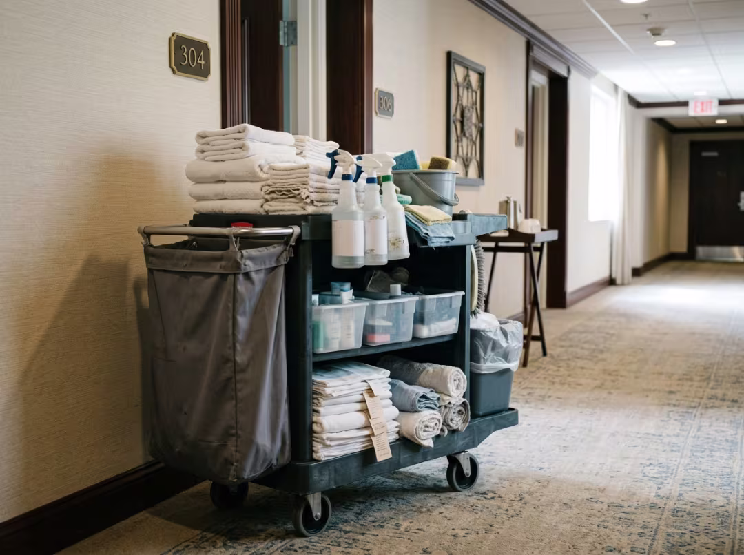 Hotel housekeeping cart with cleaning supplies Hotel housekeeping cart with cleaning supplies
