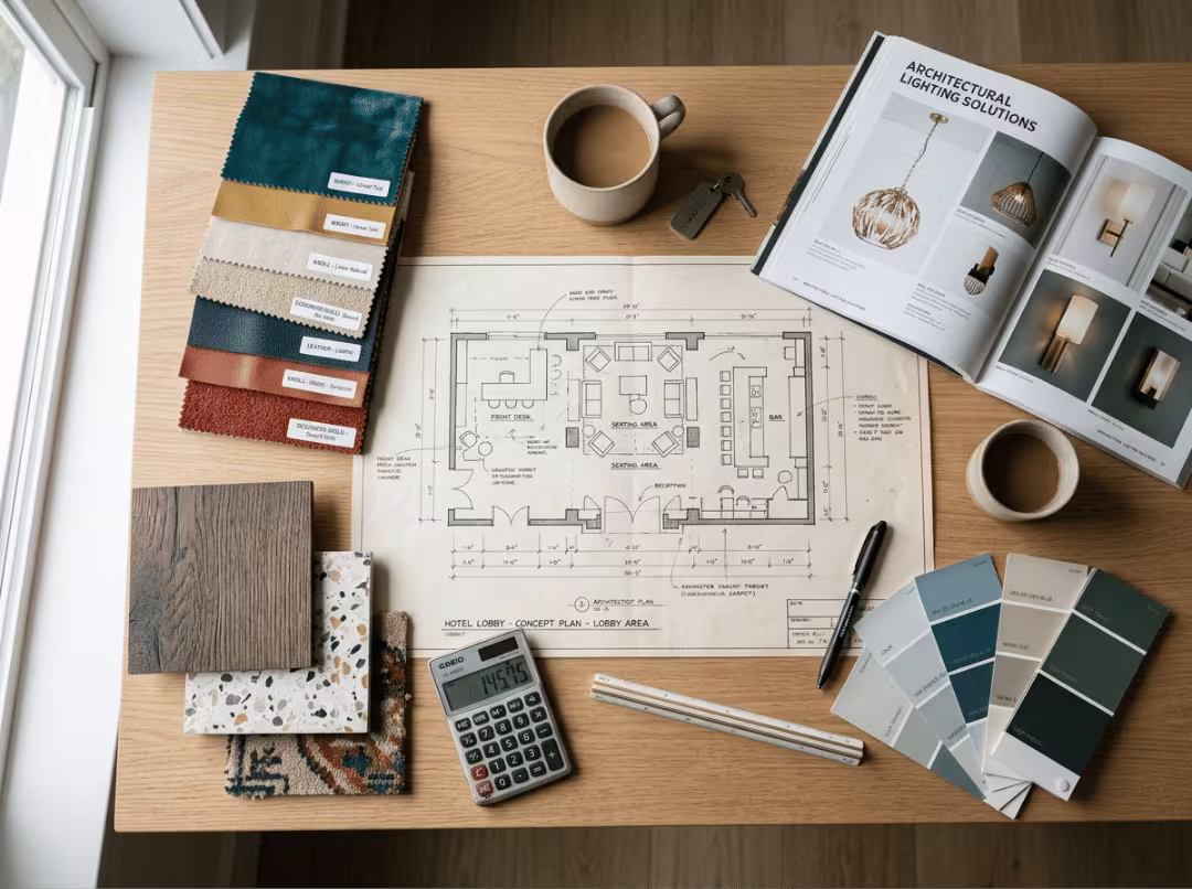 Lobby design budget planning flat lay Lobby design budget planning flat lay