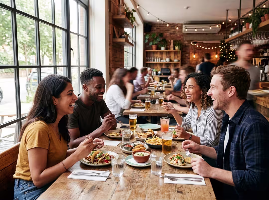 Relaxed casual dining restaurant with friends eating Relaxed casual dining restaurant with friends eating