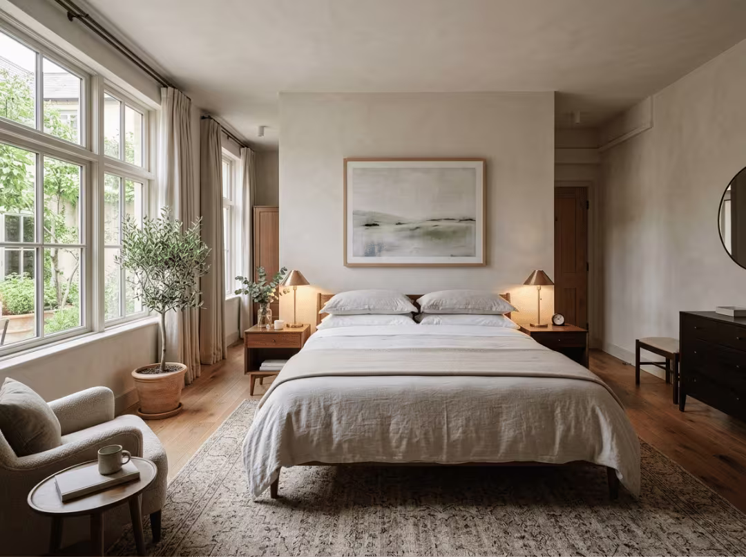 Styled boutique hotel bed with layered linens Styled boutique hotel bed with layered linens