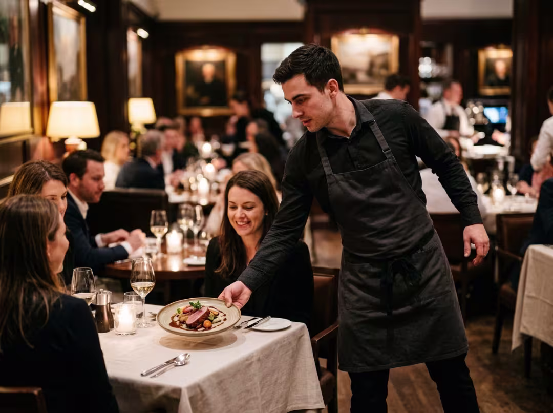 Waiter serving guests in fine dining restaurant Waiter serving guests in fine dining restaurant