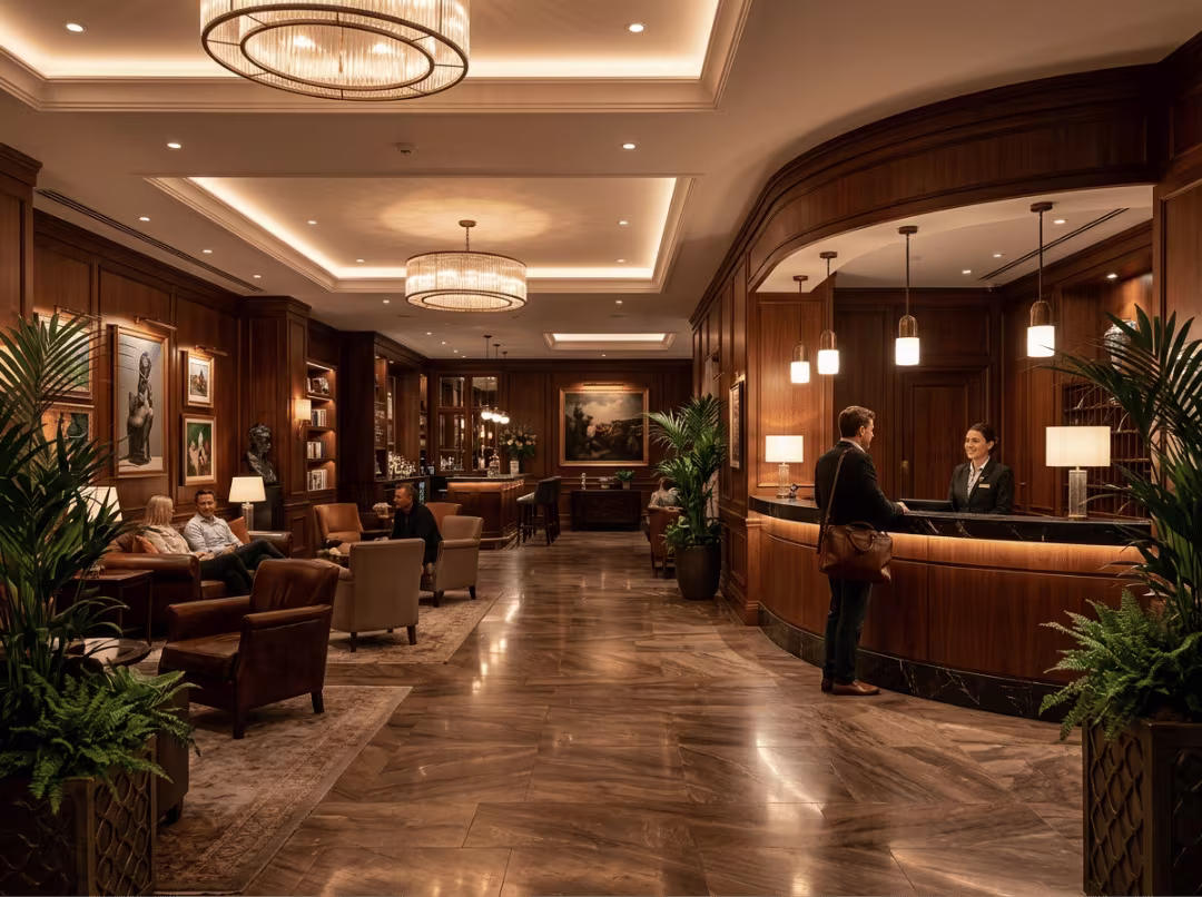 Warm layered lobby lighting at evening Warm layered lobby lighting at evening