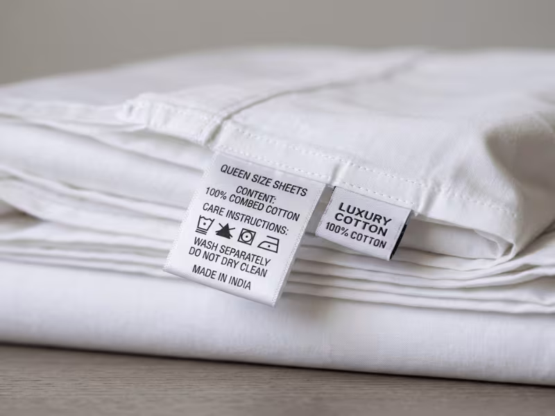 Bedding label attached to cotton sheets Bedding label attached to cotton sheets
