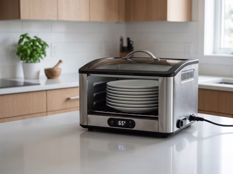 Compact countertop plate warmer in a kitchen Compact countertop plate warmer in a kitchen