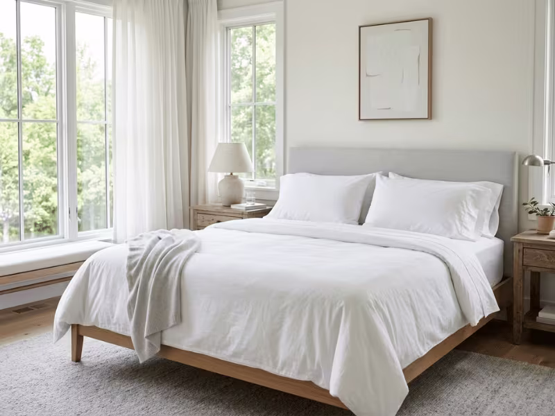 Crisp percale sheets in a bright bedroom Crisp percale sheets in a bright bedroom