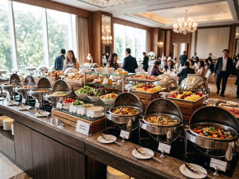 Elegant hotel buffet counter with chafing dishes