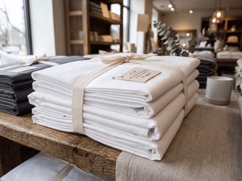 Folded bed sheets with a high thread count style label Folded bed sheets with a high thread count style label
