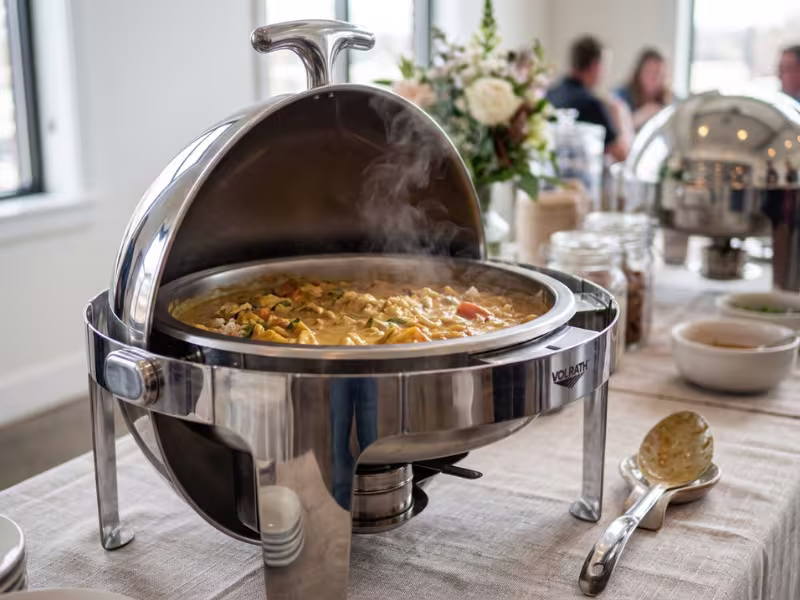 Stainless steel chafing dish keeping food hot on buffet Stainless steel chafing dish keeping food hot on buffet