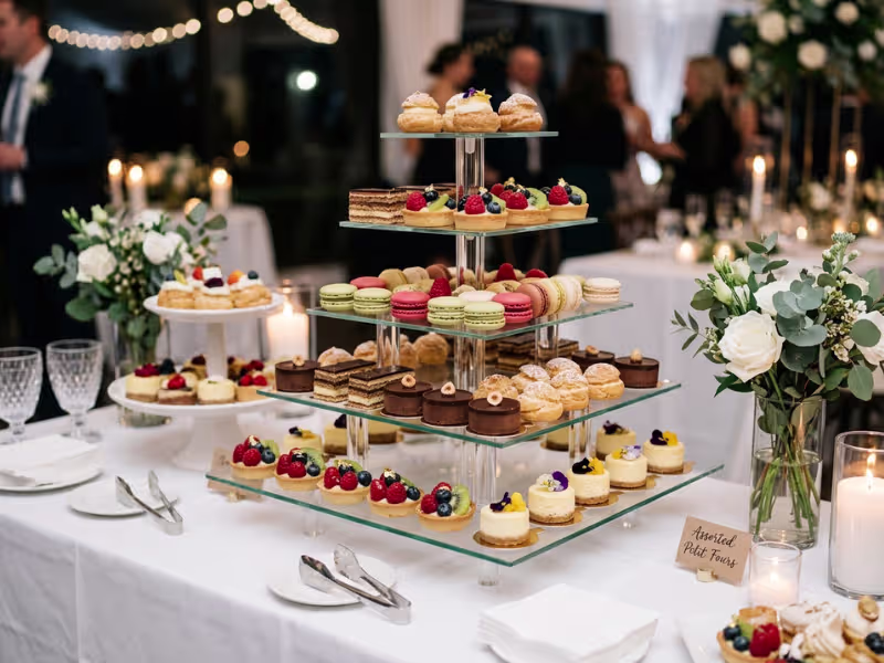 Tiered dessert stand with pastries at buffet station Tiered dessert stand with pastries at buffet station