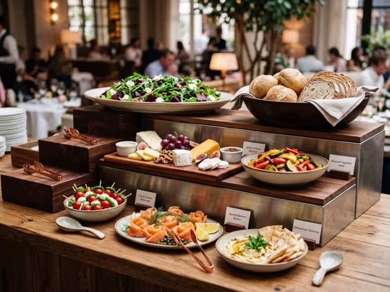 Tiered wooden risers displaying buffet dishes at varied heights Tiered wooden risers displaying buffet dishes at varied heights