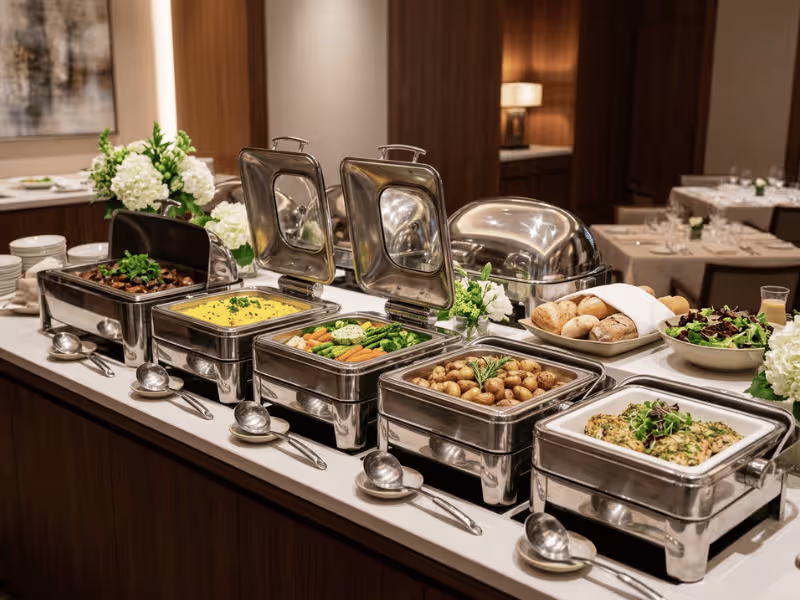 Warming tray with shared serving dishes Warming tray with shared serving dishes