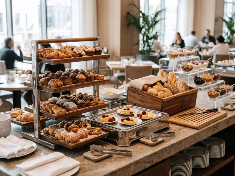 Hotel buffet with a dessert stand, serving tray, and bread box Hotel buffet with a dessert stand, serving tray, and bread box